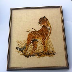 Vintage Crewel Cross Stitch Wall Art Cheetah